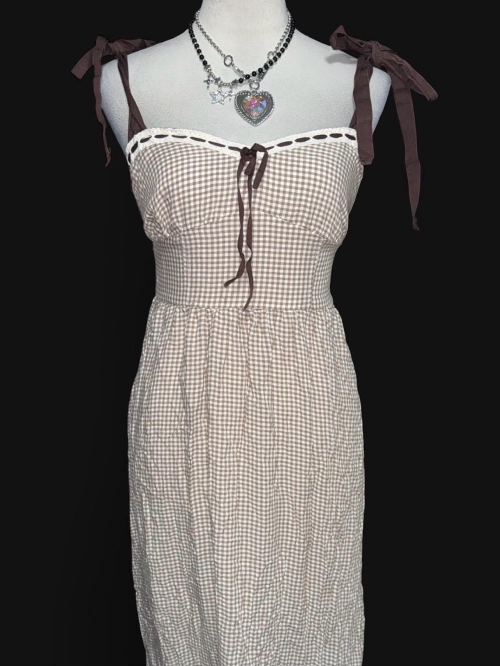 Sleeveless Brown Gingham Midi Dress with Tie Straps